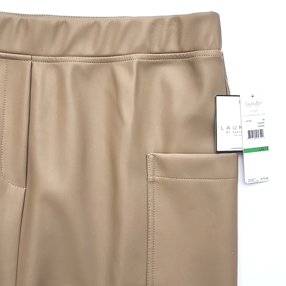 Laundry by Shelli Segal Caramel Tan Midi Slip On Skirt Stretch Side Pockets Sz L - Picture 3 of 10